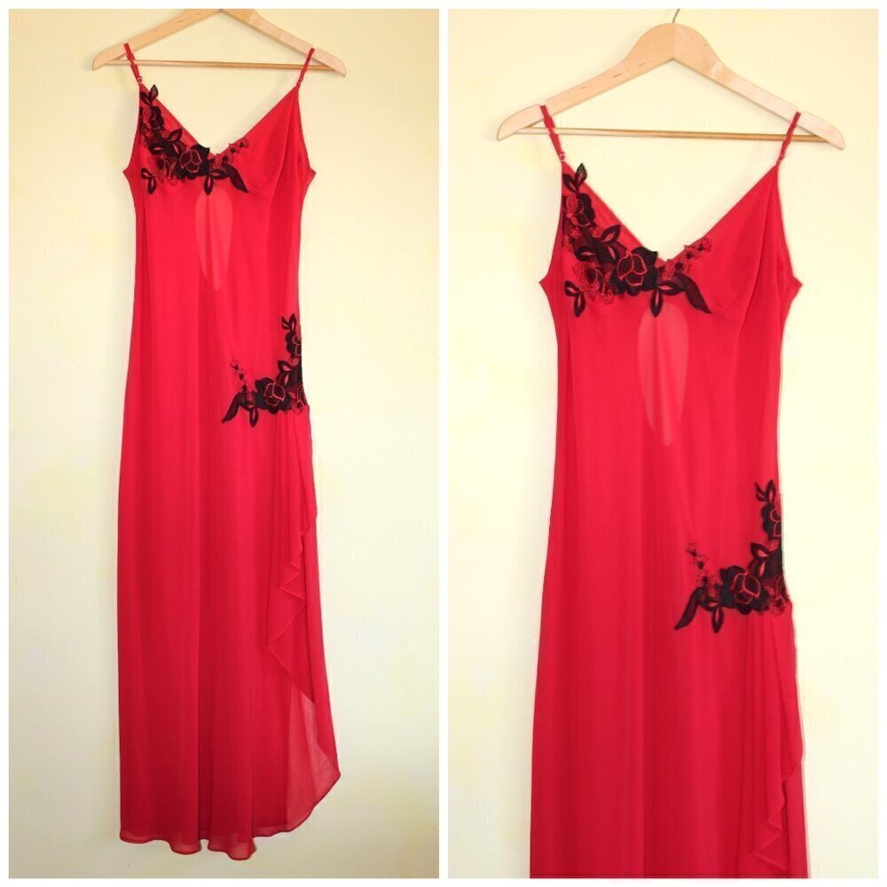 Delicates Passion Red Nightgown Sheer Slip Dress Large Black Floral embroidered